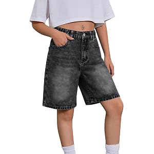 Ctreela Girls' Mid-Rise Denim Bermuda Style Jean Shorts Wide Leg Y2K Washed Knee Length Short Pants 9-14Y Teen Girls