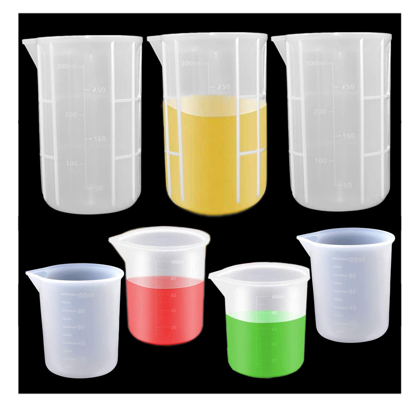 Silicone Measuring Cup,Saijer Precise Graduated Silicone Cups Non Stick Silicone Cup Epoxy Resin Mixing Cups Lab Measuring Cup Transparent Beaker for Kitchen Epoxy ​Casting Molds 7PCS(350ml/100ml)