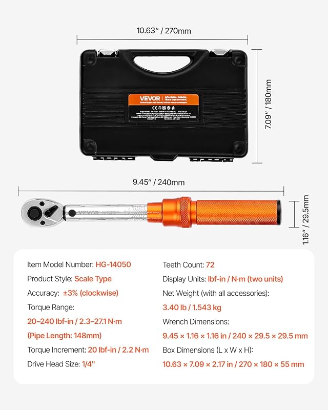 Set di Chiavi Dinamometriche Clic, 20-240 lbf-in e 2,3-27,1 N.m Chiave Dinamometrica a Scatto, Bidirezionali e Bilance a Doppia Portata, 72 Denti, con Adattatori, Barra di Prolunga, Arancione