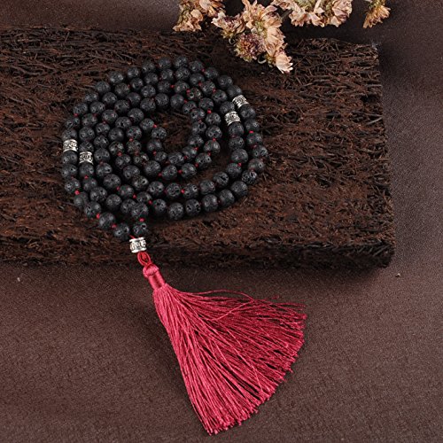 Mala Beads Necklace, Mala Bracelet, Buddhist Prayer Beads Necklace, Tassel Necklace (Lava) - Thumbnail 2
