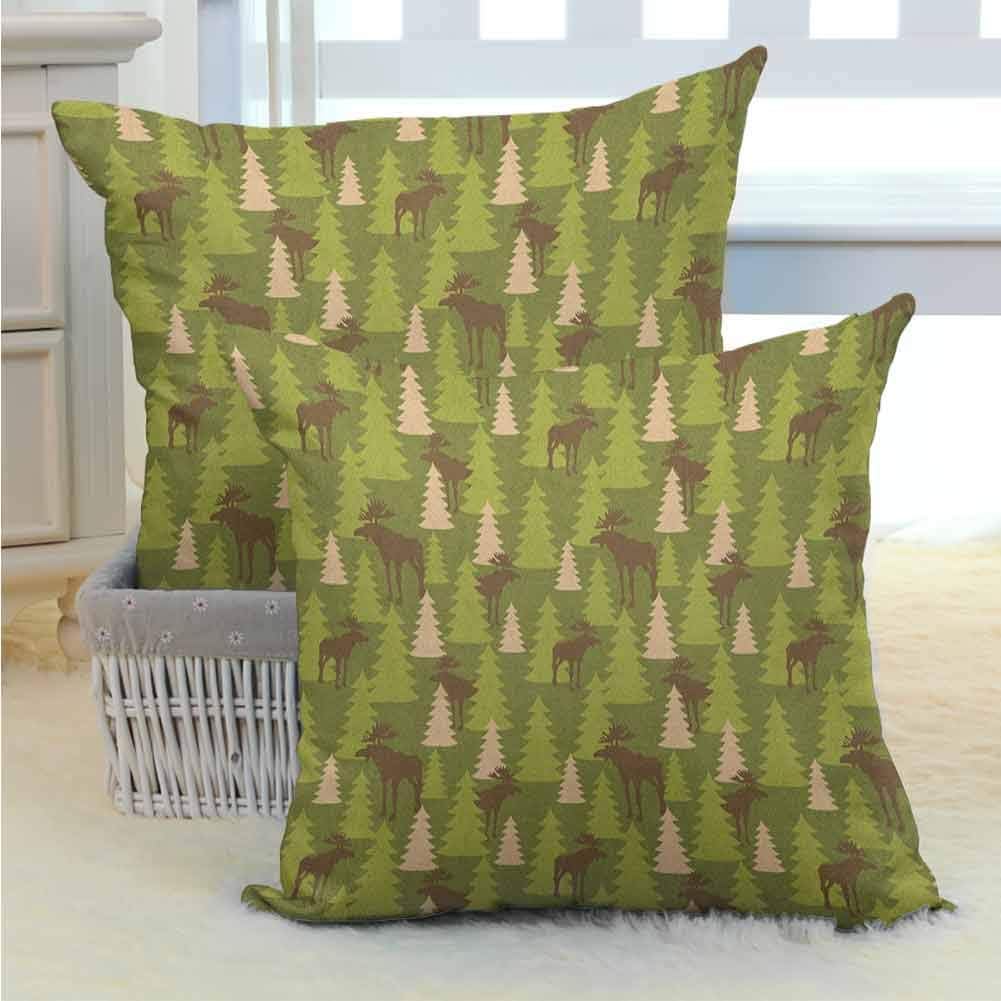 Deer Throw Pillow Animals in the Forrest Mooses and Pine Trees Pattern Canada Foliage Mammal Design Durable Decorative Bedding Gift for Sofa Couch Home Outdoor Decor 2PCS Green Tan Brown -
