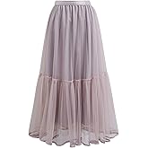 CHICWISH Women Mesh Tulle Midi Skirt Piping Hem Elastic High Waist Flowy A-Line Double-Layered Pink Skirts
