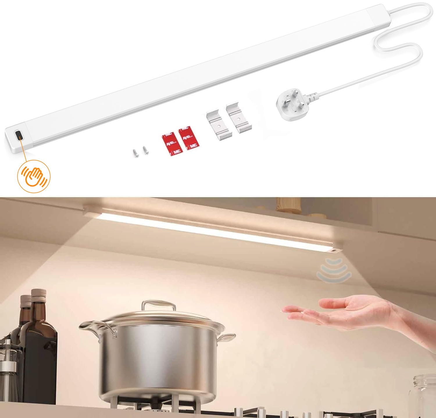 Under Cabinet Lighting, Hand Wave Activated, Dimmable 60CM 4000K Warm White 560lm, Plug in LED Cabinet Lights Kit for Kitchen, Counter, Shelf, Desk, Workbench 1Pack