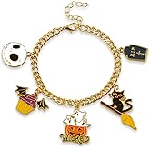 Halloween Charm Bracelet Horror Ghost Pumpkin Witch Hat Black Cat Gold Link Bracelets for Women,Halloween Jewelry Cosplay Costume Accessories (Cat)