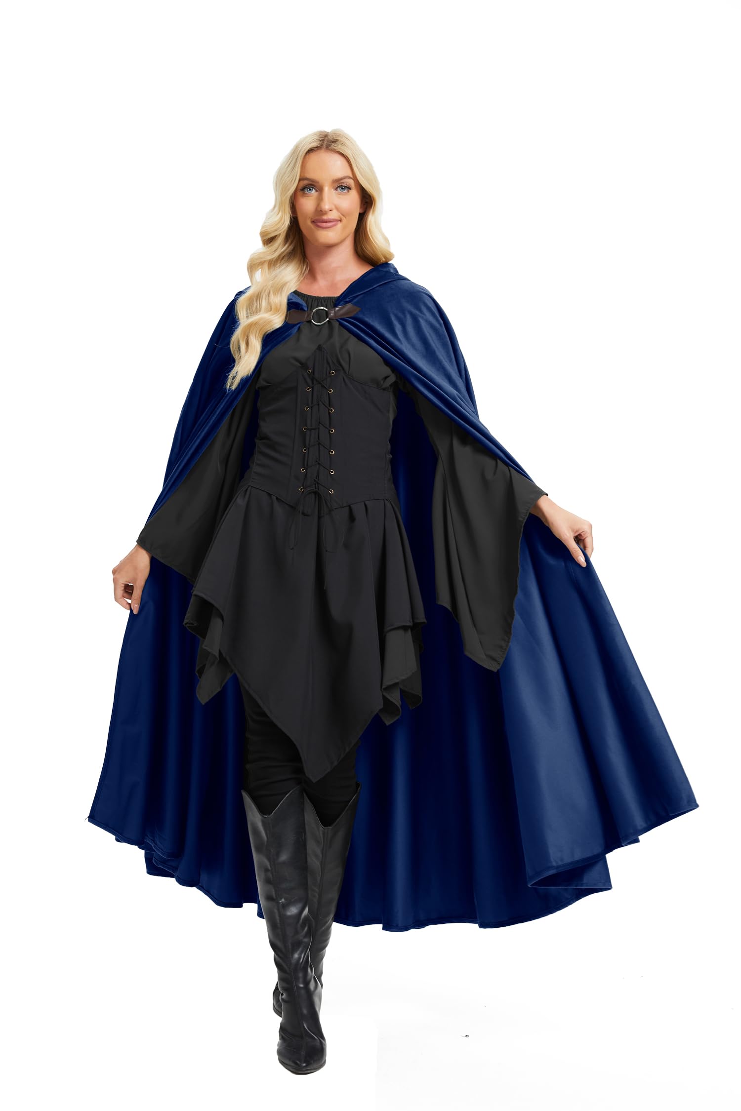 RongXuan Halloween Costume Renaissance Cape with Hood Costume Velvet Coat for Men Women Victorian Steampunk Medieval Cosplay Cape (Blue, 100 cm)