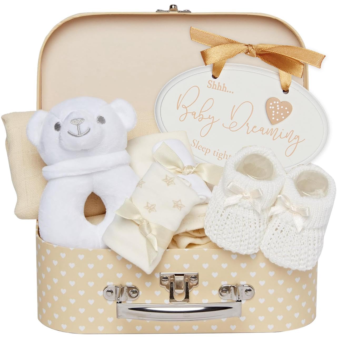Baby Box Shop - 7 Newborn Baby Gifts Perfect for Gender Reveal Gifts & Baby Shower Gifts - Includes Baby Essentials for Newborn Unisex with Baby Rattle in Cute Keepsake Case, Baby Gift Hamper