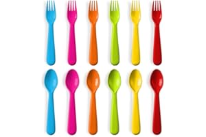 PLASKIDY Plastic Toddler Utensils Set of 12 Kids Utensils Forks and Spoons - BPA FREE/Dishwasher Safe Toddlers Silverware Set Brightly Colored Children's Safe Flatware Cutlery Set