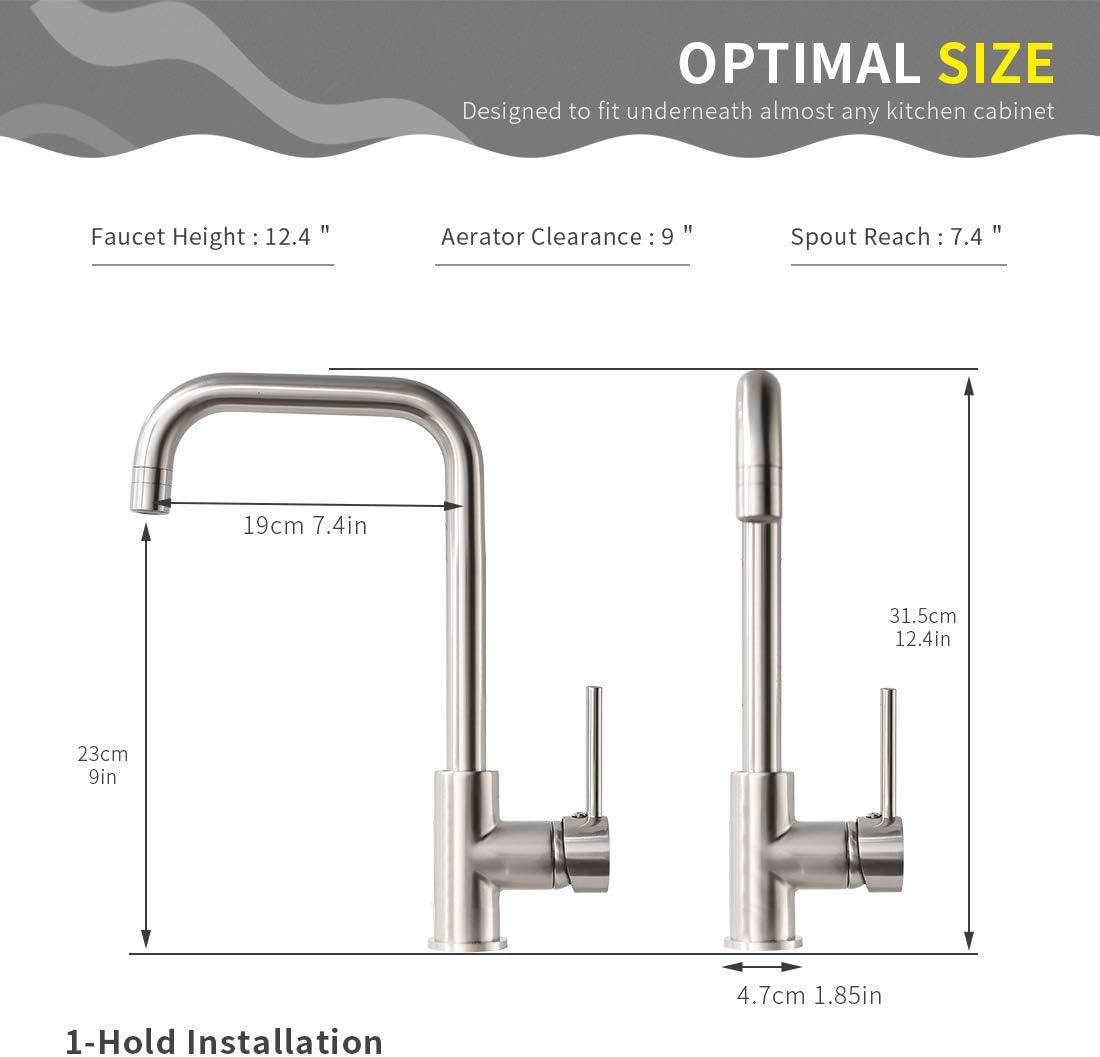 GIMILI Bar Sink Faucet Stainless Steel Kitchen Faucet One Hole Brushed Nickel, Single Handle 360 Degree Rotation Brushed Nickel Kitchen Sink Faucets - - 