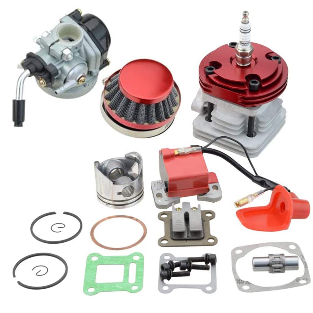 Carkio Carburetor Air Filter Ignition Coil Set 44mm Cylinder Big Bore 53cc 54cc Spark Plug Top Kit of Piston Compatible with 47cc 49cc 2-Stroke Engine Pocket Bike Mini Cacing Bike