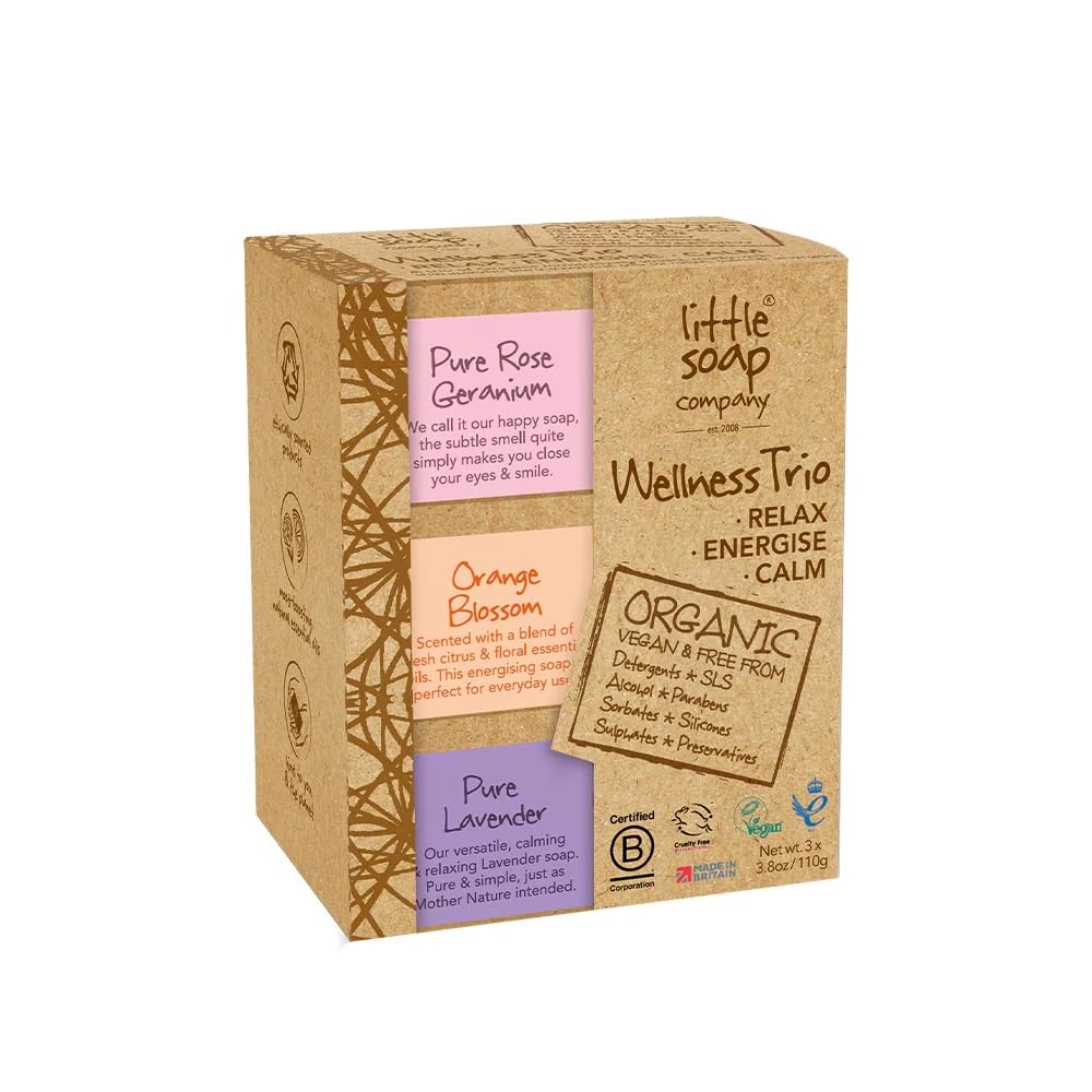 Little Soap Company Organics Range - Wellness Trio Soap Gift Set (3x100g) | Vegan, Cruelty Free, No SLS or Parabens | made with Pure, Natural, Organic Essential Oils | Mothers Day Gifts for her