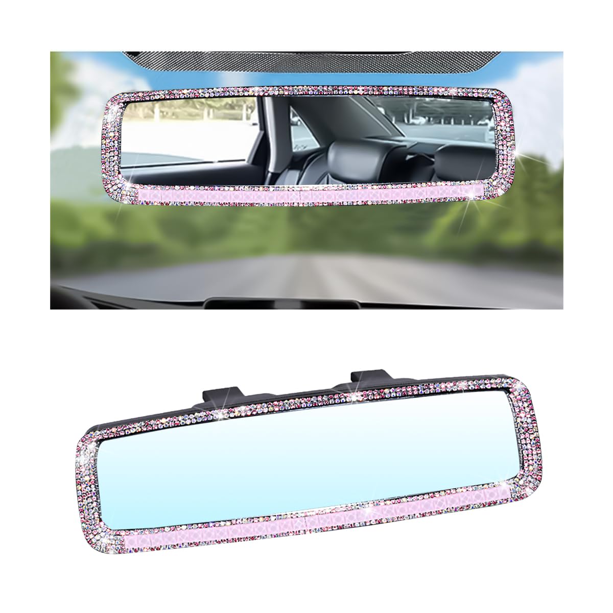 Photo 1 of Osilly Bling Car Rearview Mirror, Decorations Rear View Mirror with Crystal Rhinestones & Diamonds, Car Interior Trim Accessories, Clip-on & HD Glass, Sparkly Gift (Pink)