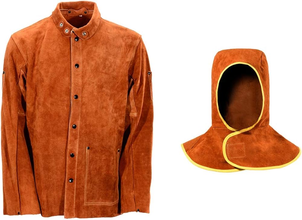 QeeLink Leather Welding Work Jacket with Hood Flame