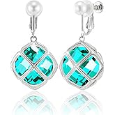 Clip On 14MM Big Austrian Crystal Dangle Non Pierced Earrings for Women 14K Gold Plated Jewelry