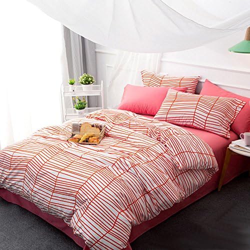 4Pcs Bedding Set 100% Cotton Pinstripe Duvet Cover Set Modern Style Duvet Cover with Solid Color Flat Sheet and 2 Pillowcases,without Comforter (King,#5)