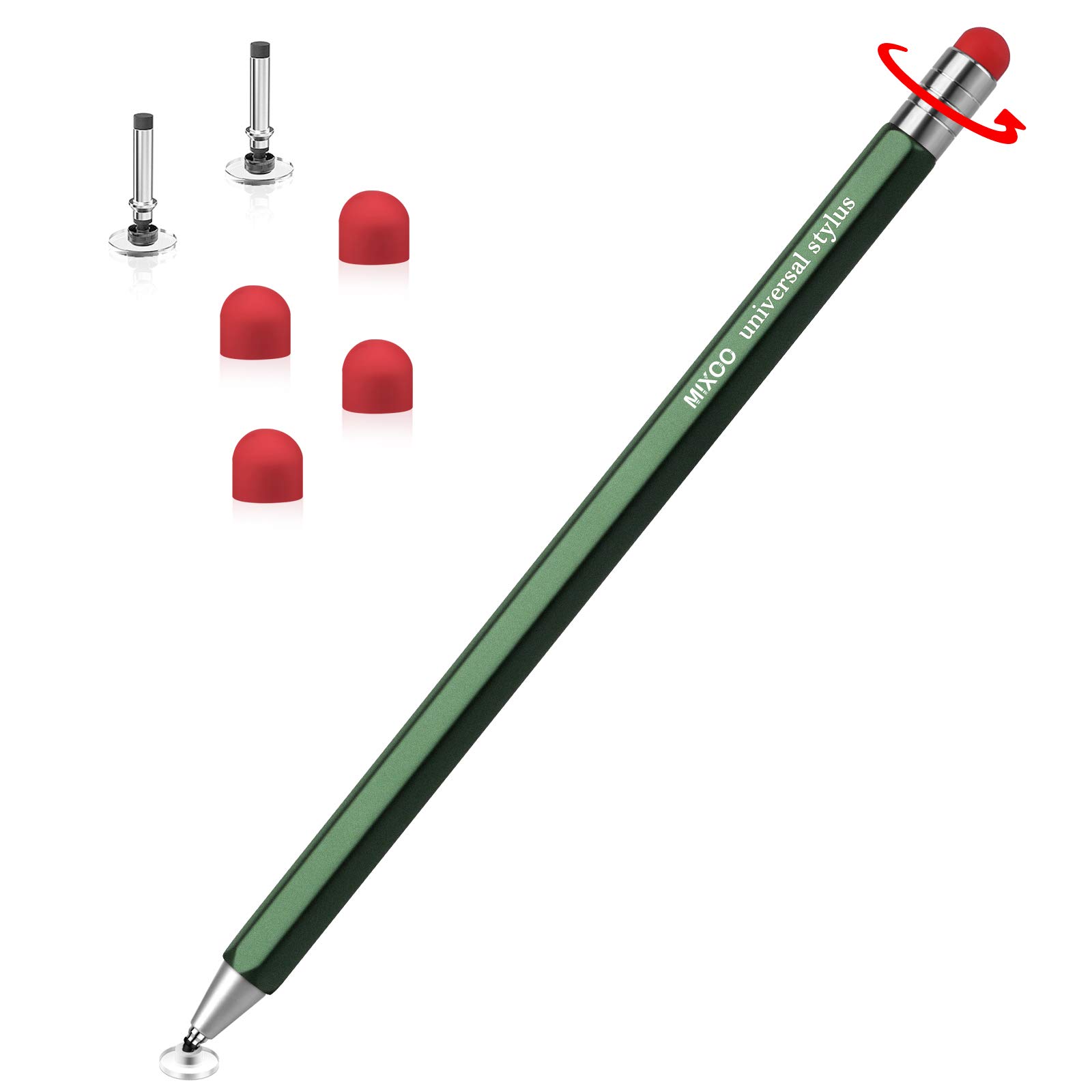 Mixoo Stylus Pen for Touch Screens, 2 in 1 Rotatable Universal Tablet Pen iPad Pencil with 2 Disc/4 Rubber Replacement Tips for iPad Pro/Mini/Air/iPhone/Microsoft and All Touchscreen Devices, Green