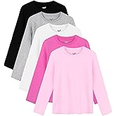 Semois 5 Pack Girls Long Sleeve Shirts Soft Cotton Crewneck Girls' Basic Long-Sleeve T-Shirts Toddlers' Tagless Tees