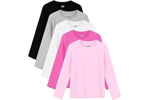 Semois 5 Pack Girls Long Sleeve Shirts Soft Cotton Crewneck Girls' Basic Long-Sleeve T-Shirts Toddlers' Tagless Tees