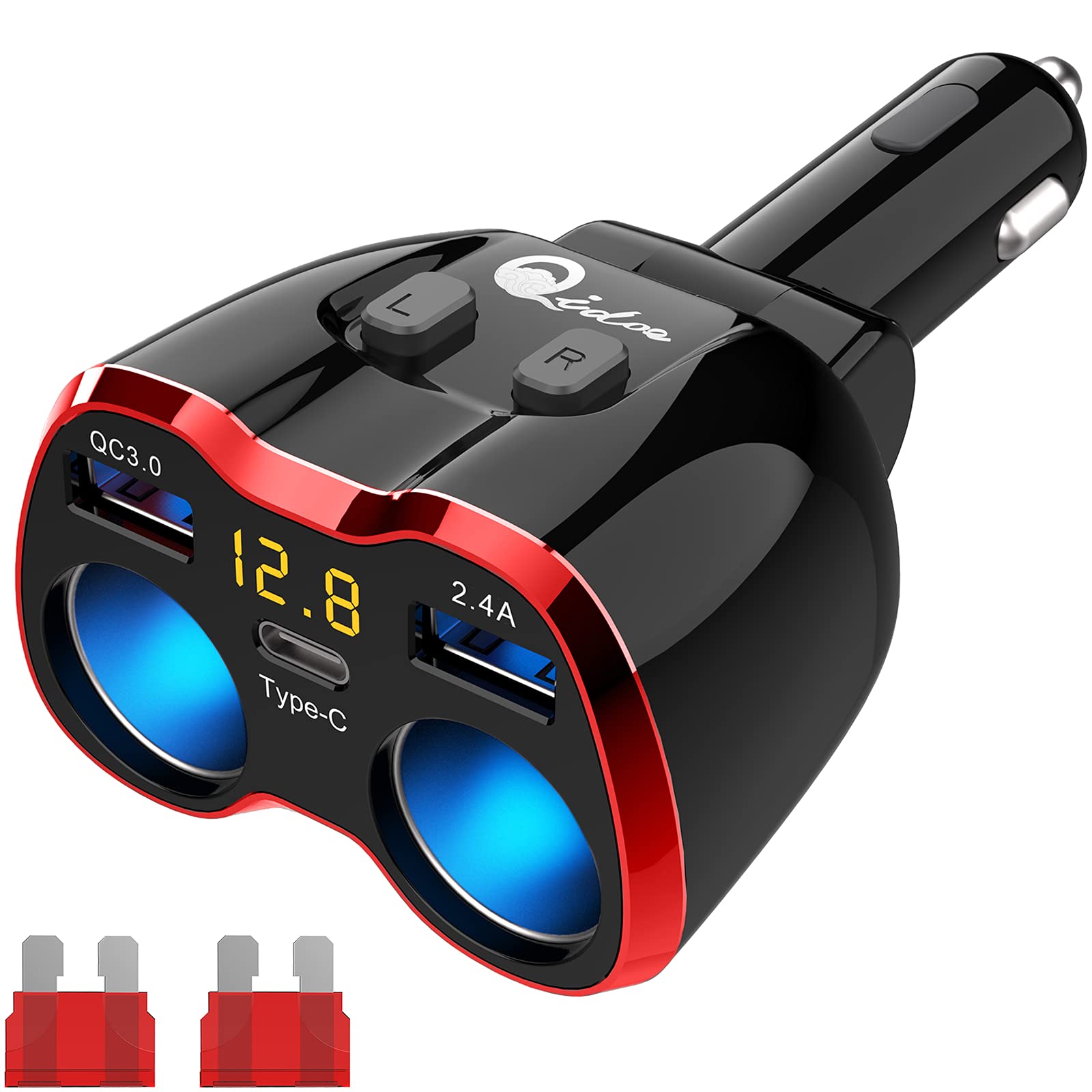 Photo 1 of Cigarette Lighter Splitter QC 3.0, 2-Socket USB C Car Charger Adapter Type C Multi Power Outlet 12V/24V 150W DC with LED Voltmeter Switch Dual USB Port for iPhone Android GPS Dashcam Car Heater etc.