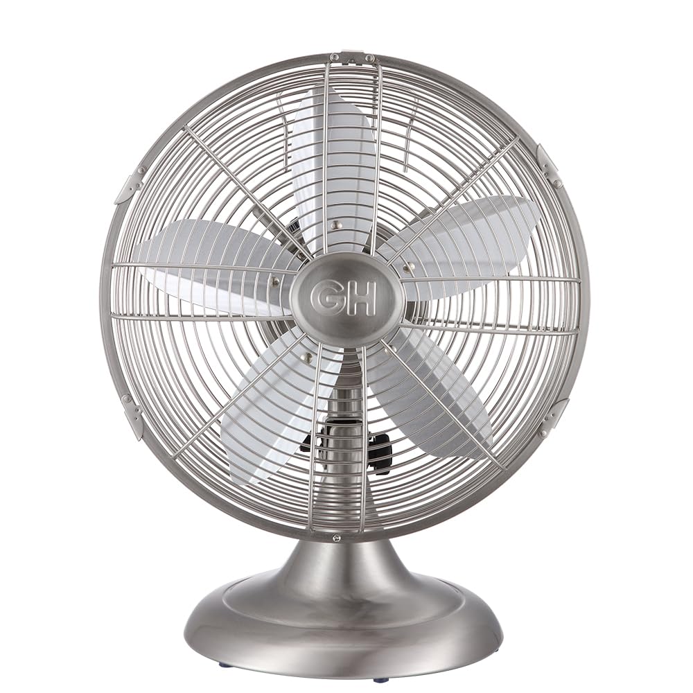Photo 1 of Good Housekeeping 92605 All-Metal 12" Retro Desk Office Table Fan with Wide Oscillation, 3-Speed Settings & Carrying Handle, Brushed Nickel