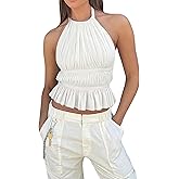 Women Backless Ruffle Halter Cami Shirred Frill Tank Going Out Top Y2k Smocked Shirred Crop Tee Shirt