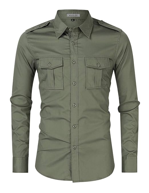 Buy Kuulee Men's Casual Solid Color Loose Fit Shirt Classic Outdoor Work Cargo Shirt Army Green