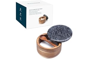 KITCHENDAO Large Acacia Salt Cellar Box Bowl with Built-in Spoon and Marble Lid, Solid Natural Acacia Wood Bath Sea Salt Cont