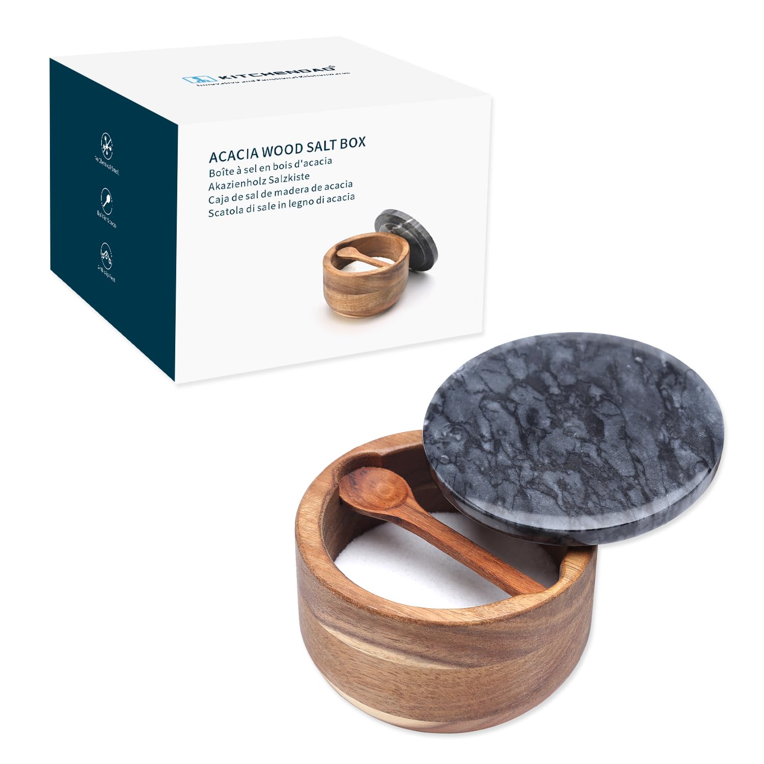 KITCHENDAO Large Acacia Salt Cellar Box Bowl with Built-in Spoon and Marble Lid, Solid Natural Acacia Wood Bath Sea Salt Container, Black Marble Lid, Pepper Sealer Pinch Bowl, 10oz Capacity