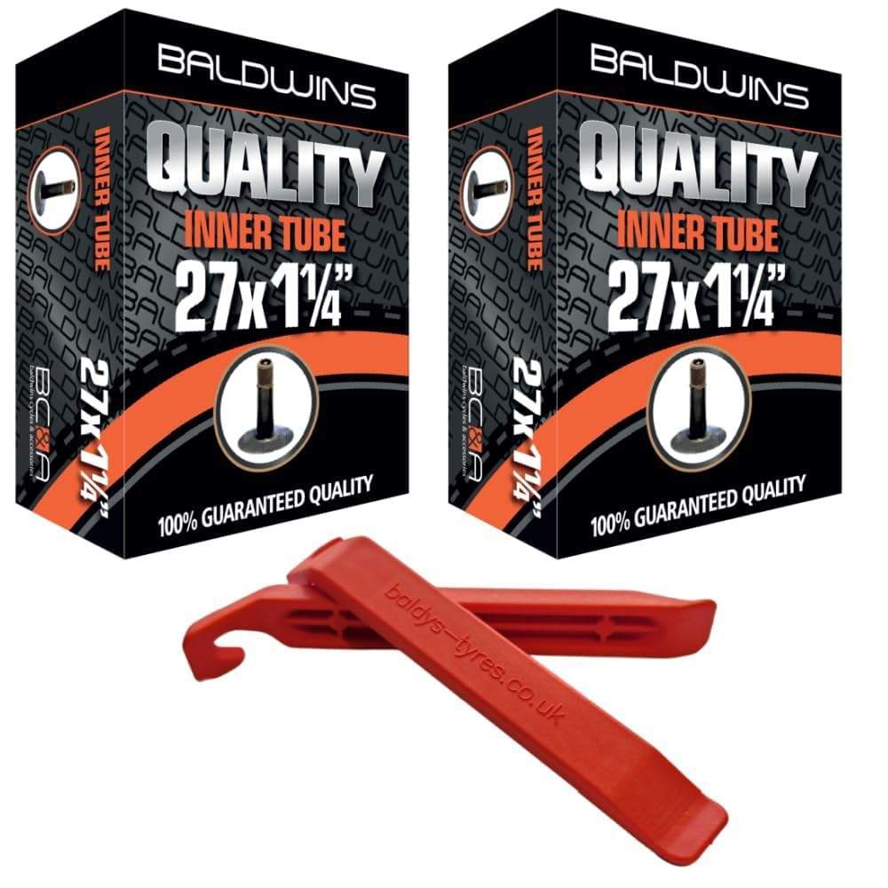 Baldwins Bike Inner Tube 27 x 1-1/4 Schrader Valve & BALDY'S TYRE LEVER (Pack of 2)