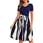 Women's Summer Casual Elegant Vintage Stripe V Neck Short Sleeve Work Party A-Line Knee-Length Dress with Belt D824