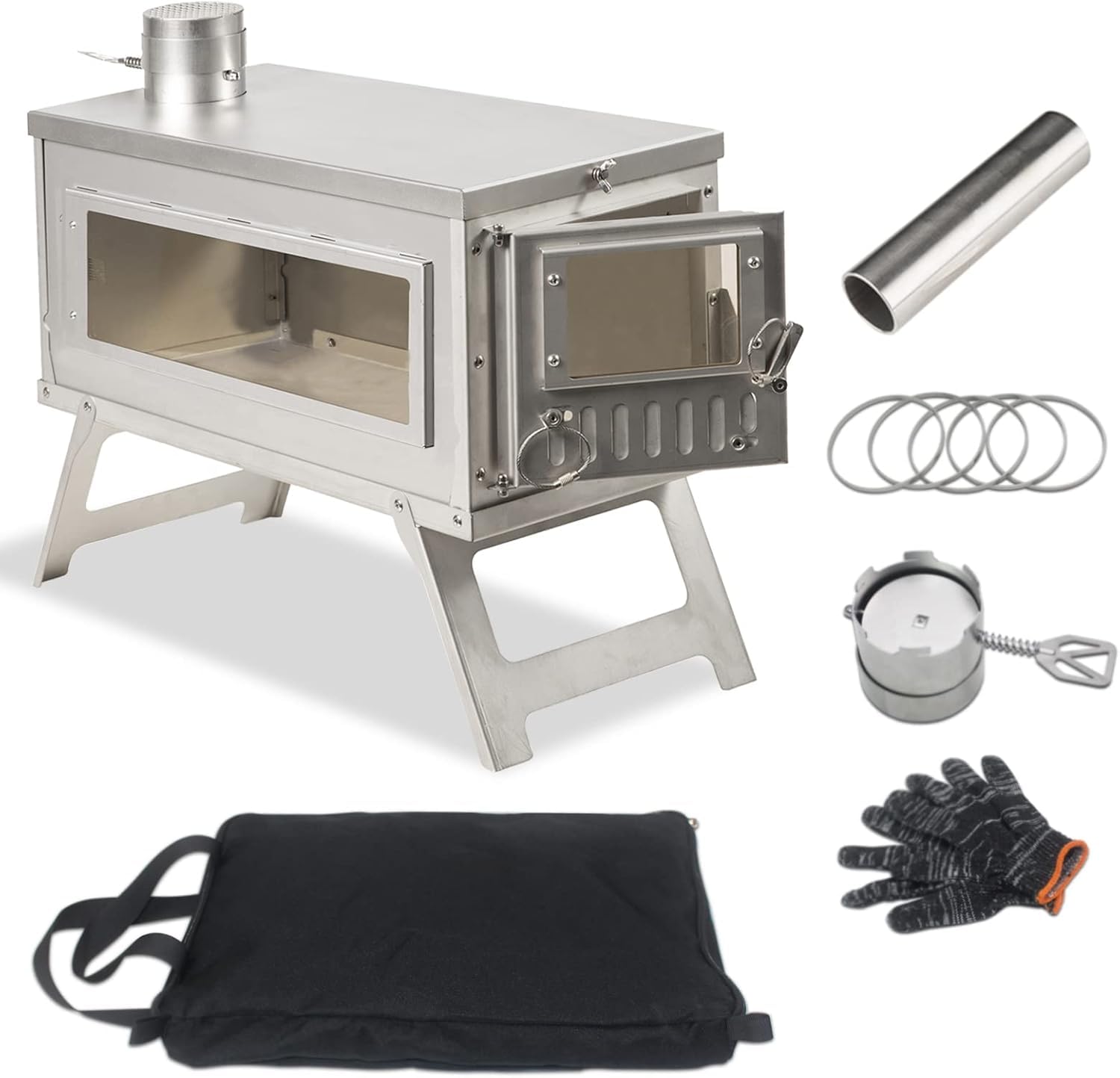 Ipalmay Ultralight Camping Stove Portable Wood Burning Stove for Tent, Camping, Outdoor Cooking, Hunting, Ice Fishing, 16.6 IN Outdoor Wood Stove with 8.2ft Foldable Chimney and Clear Glass