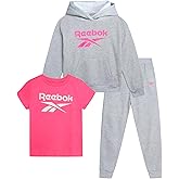 Reebok Girls' Activewear Set - 3 Piece Stylish Graphic T-Shirt Fleece Pullover Hoodie and Jogger Sweatpants Size: 4-12 Size