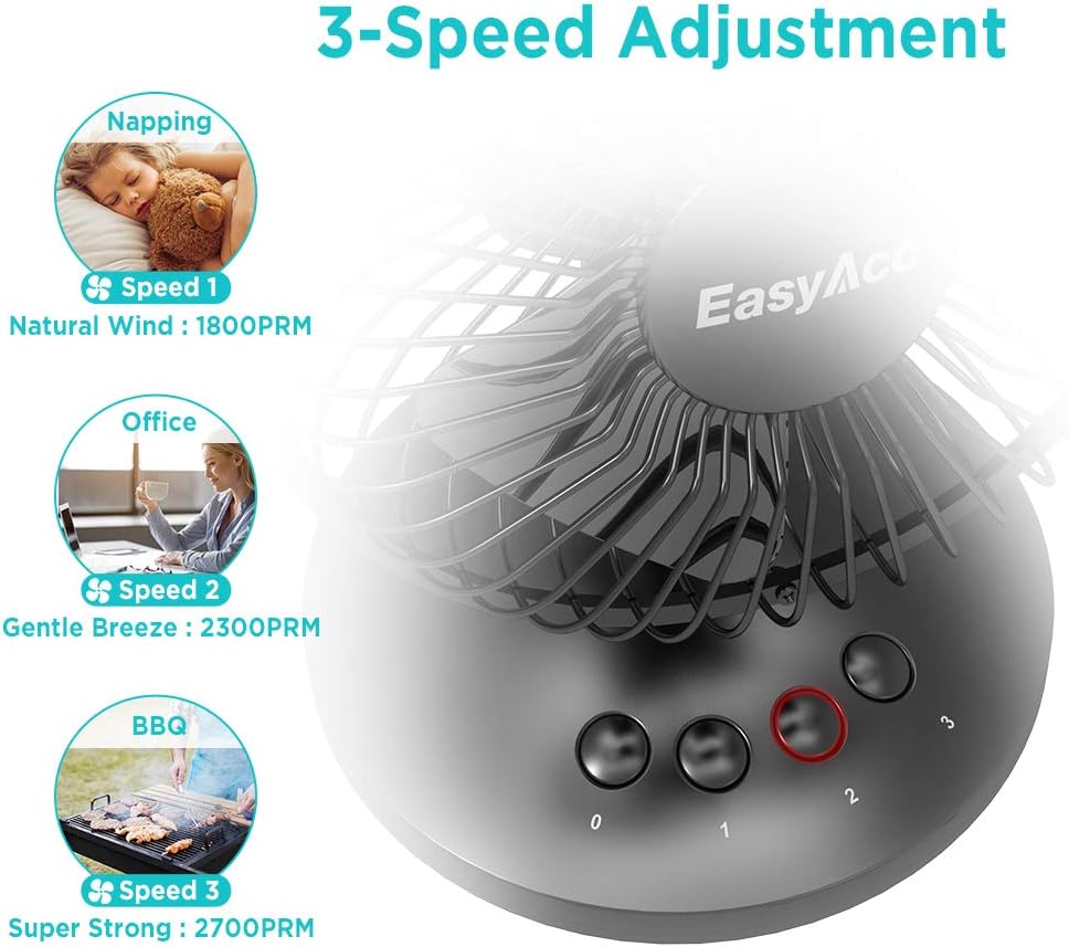 EasyAcc USB Desk Fan,Oscillating Desk Fan Floor Fan 3 Speed Adjustable Head Mini Small Table Fan Electric Automatic Personal Portable Cooling Fan Quiet Brushless Fan for Home Office Travel BBQ Camping: Home & Kitchen