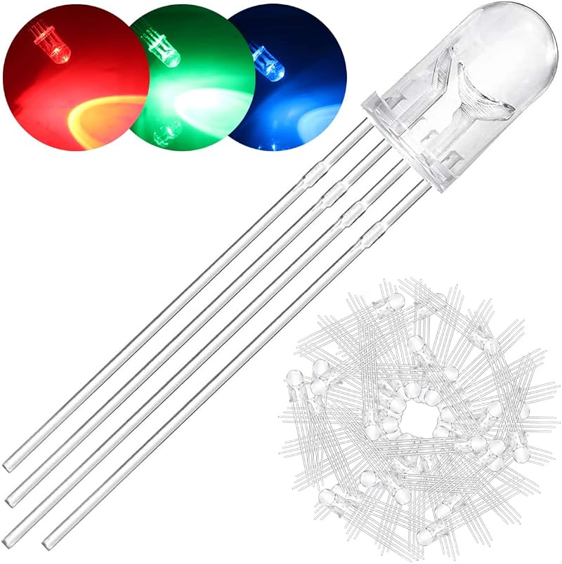 DAOKAI 100x 5mm RGB Common Cathode Tri-Color LED Diodes 4-Pin Transparent Round