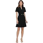 Maggy London Womens Notch Mock Neck Fit and Flare Crepe Dress