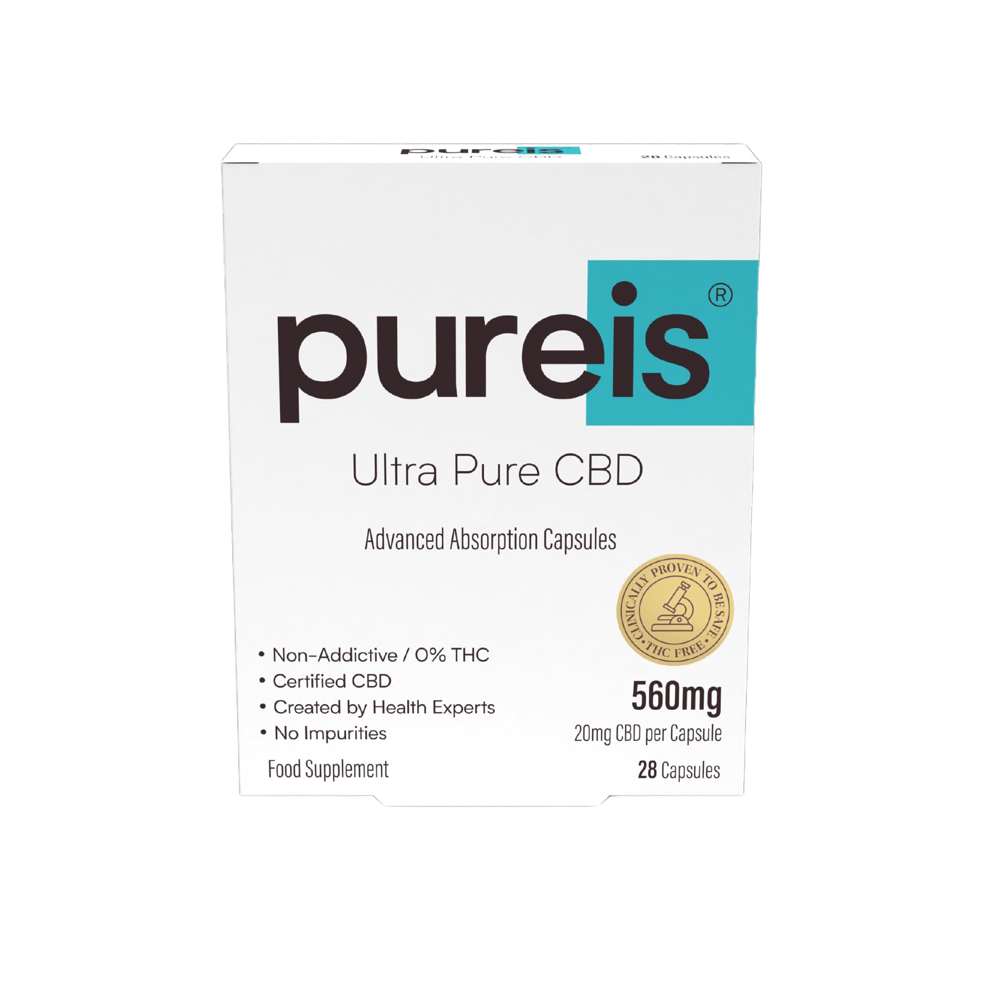 Pureis CBD Capsules, Ultra Pure, Advanced Absorption - CBD Supplement Fast Absorption - 20mg - 0% THC, Non-Addictive, Vegan, Gluten-Free - 28 Capsules