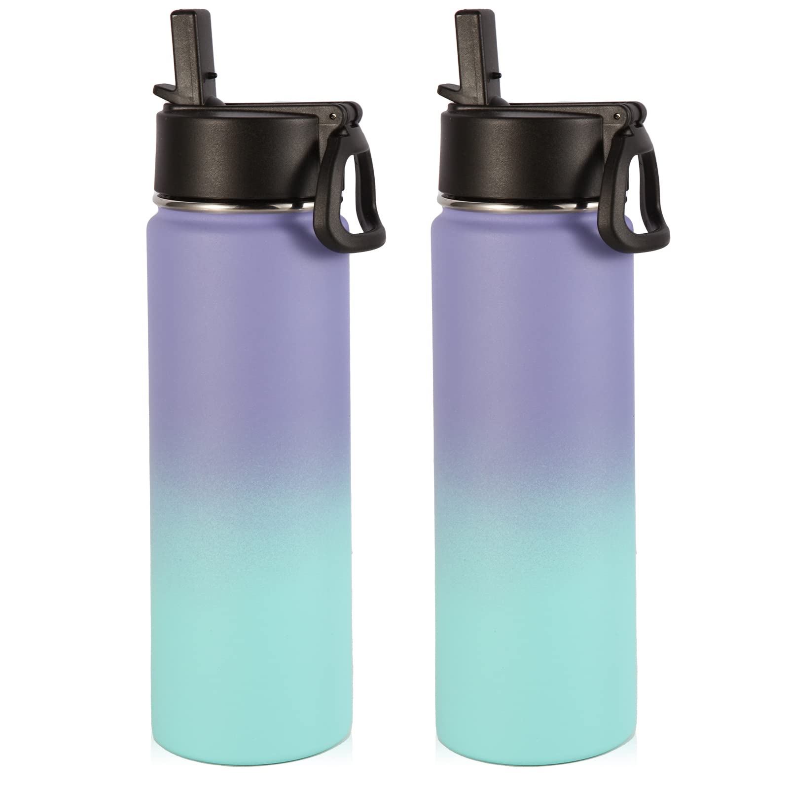 Volhoply Insulated Water Bottles with Straw Bulk 2 Pack, 660ml Stainless Steel Sports Bottle with Handle Lid,Double Wall Vacuum Metal Travel Water Tumbler with Wide Mouth for Hiking(Purple Blue,2 Set)