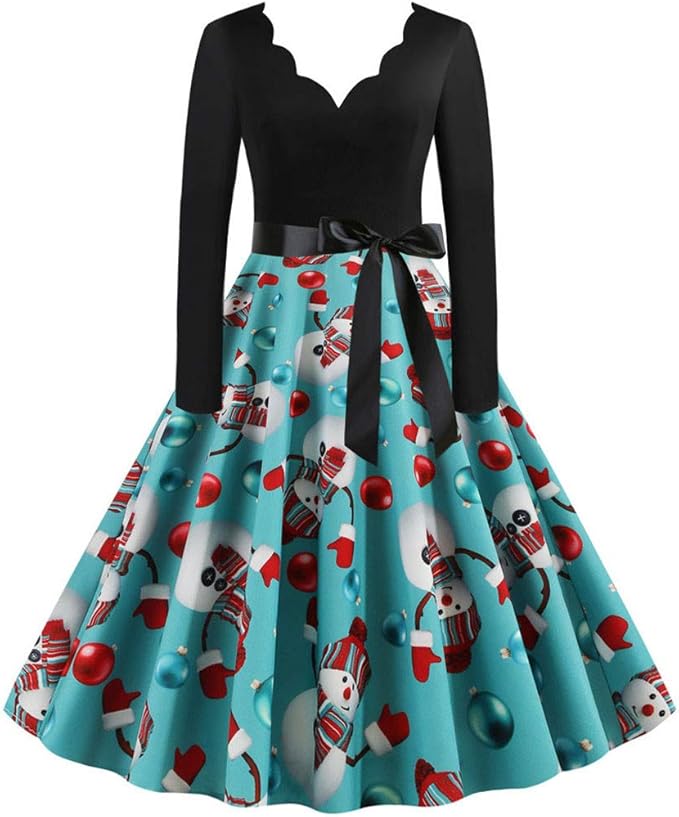 Damen Weihnachten Kleid Vintage Gurtel Langarm V Kragen 3d Schneemann Drucken Rockabilly Dress A Line Party Swing Falten Kleider Blau Ba829 Amazon De Bekleidung