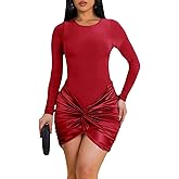 Ekaliy Women's Sexy Long Sleeve Mini Dress Elegant Crew Neck Twist Waist Ruched Bodycon Cocktail Party Short Dresses