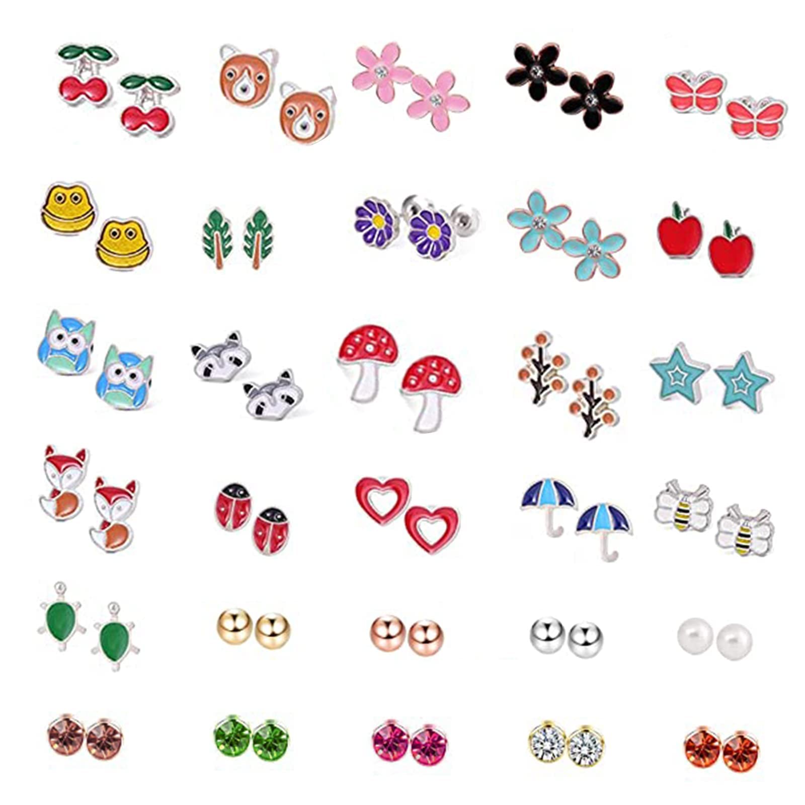 30 Pairs Girls Earrings Set, Stainless Steel Cute Stud Earrings Animals Flowers Pearl Earrings, Best Gifts for Teens Girls Women