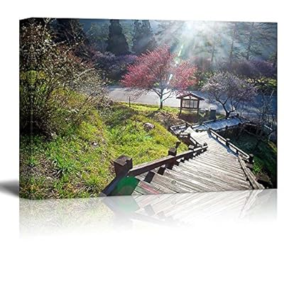 Stairway Going Down a Hill to a Kiosk with Pink Cherry Blossom Trees - Canvas Art Home Art - 32x48 inches