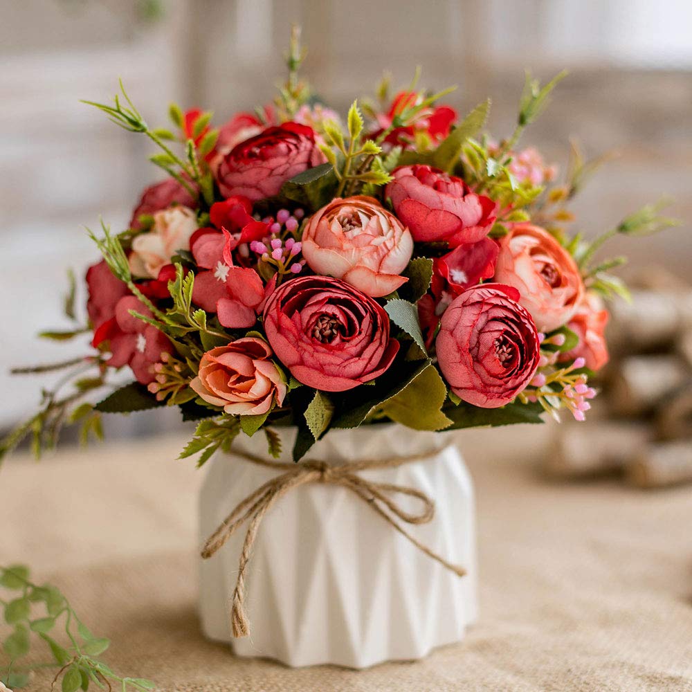 TKAS Artificial Flowers Fake Flowers Silk Rose Bouquets Decoration with Ceramics Vase for Table Home Office Wedding (Red Bud) — image 1