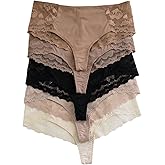 OYOANGLE Women's 5 Piece Floral Lace Thongs Mid Rise Cheeky Underwear Breathable Comfortable Panties Tangas