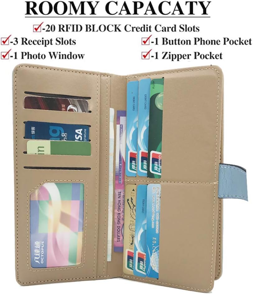 CHAOFANXI Women's Wallet Hollow Leaf Pattern Bifold Leather Lady Long Wallet Purse Zip Birthday Xmas Gifts for Women Girls(Blue) - Image 3