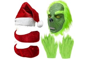 LONGPO Christmas Costumes 4pcs Green Furry Monster Mask And Green Furry Gloves Red Socks Christmas Santa Claus Costumes Cosplay Props for Adult