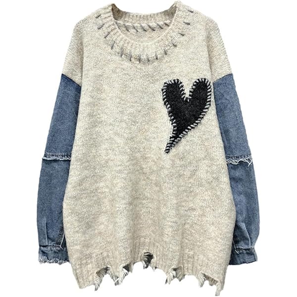 トップス Heart loose knit gray Crew Neck Knit Heart Sweater | Ricki's