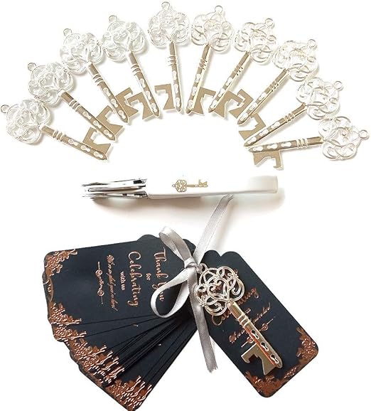 Amazon.com: Abridores de botellas para llaves, regalos de boda para invitados, regalos de fiesta, estilo rústico, vintage, diseño de esqueleto, con etiqueta de tarjeta de acompañante, recuerdos de despedida de novia, decoración