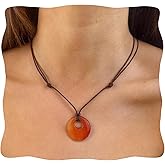 Carnelian Necklace, Genuine Carnelian Crystal Red Stone Necklace for Women, Coin Shaped Donut Chakra Crystal Amulet Lucky Pendant Necklace