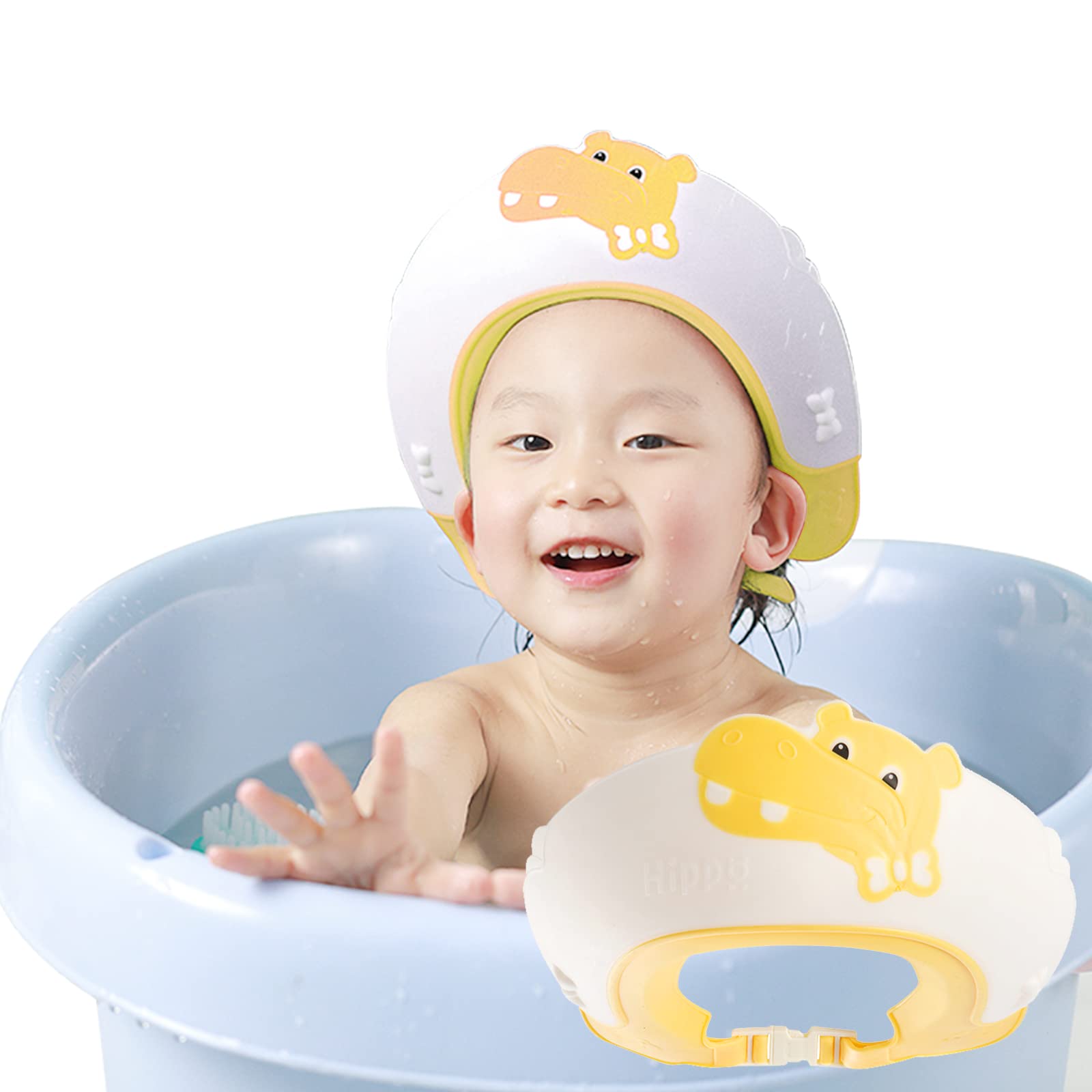 FUSACONY Baby Shower Cap Shampoo Cap for Kids Baby Hair Washing Shield Adjustable Bath Visor Face Shield for Toddler Kids Boys Girls Shower Hat to Stop Water in Eyes Hippo (Yellow)