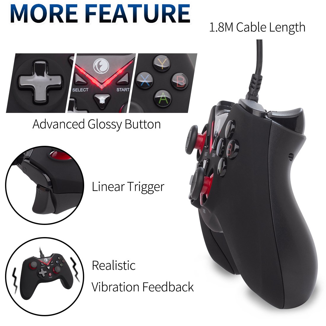 V-one Wired USB Gaming Controller Gamepad Joystick for PC (Windows XP/7/8/10/11) & Steam & Android & PS3 - Red