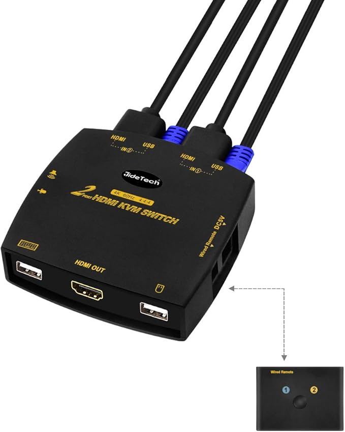 JideTech KVM HDMI Switch 2 Port with 2 pc HDMI cables, 4096 x 2160 60